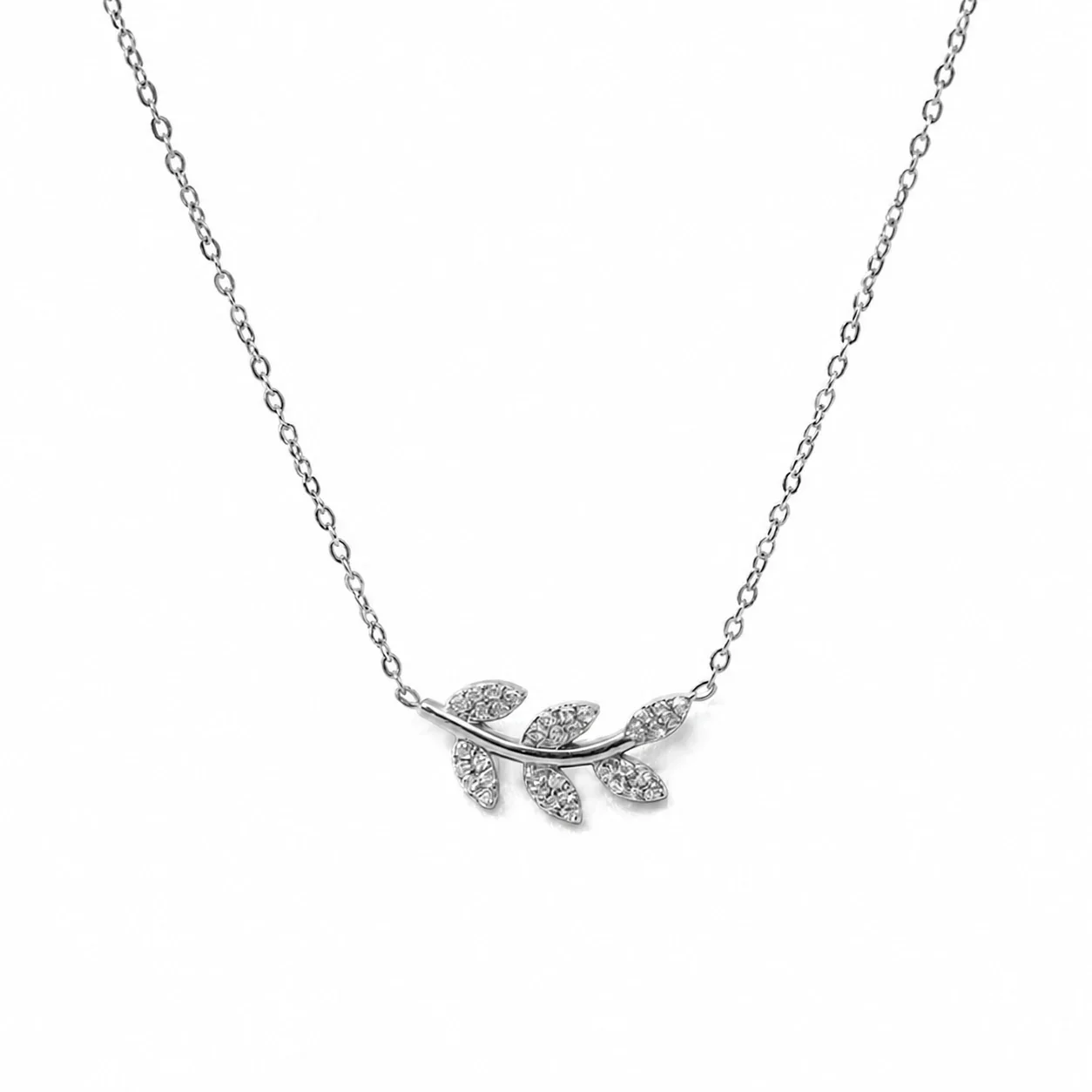 Necklace Leaf CZ Vine 18K Gold PVD 316 Stainless Steel - Silver Clear CZ