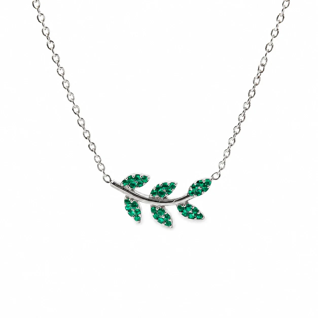 Necklace Leaf CZ Vine 18K Gold PVD 316 Stainless Steel - Silver Emerald-Green CZ