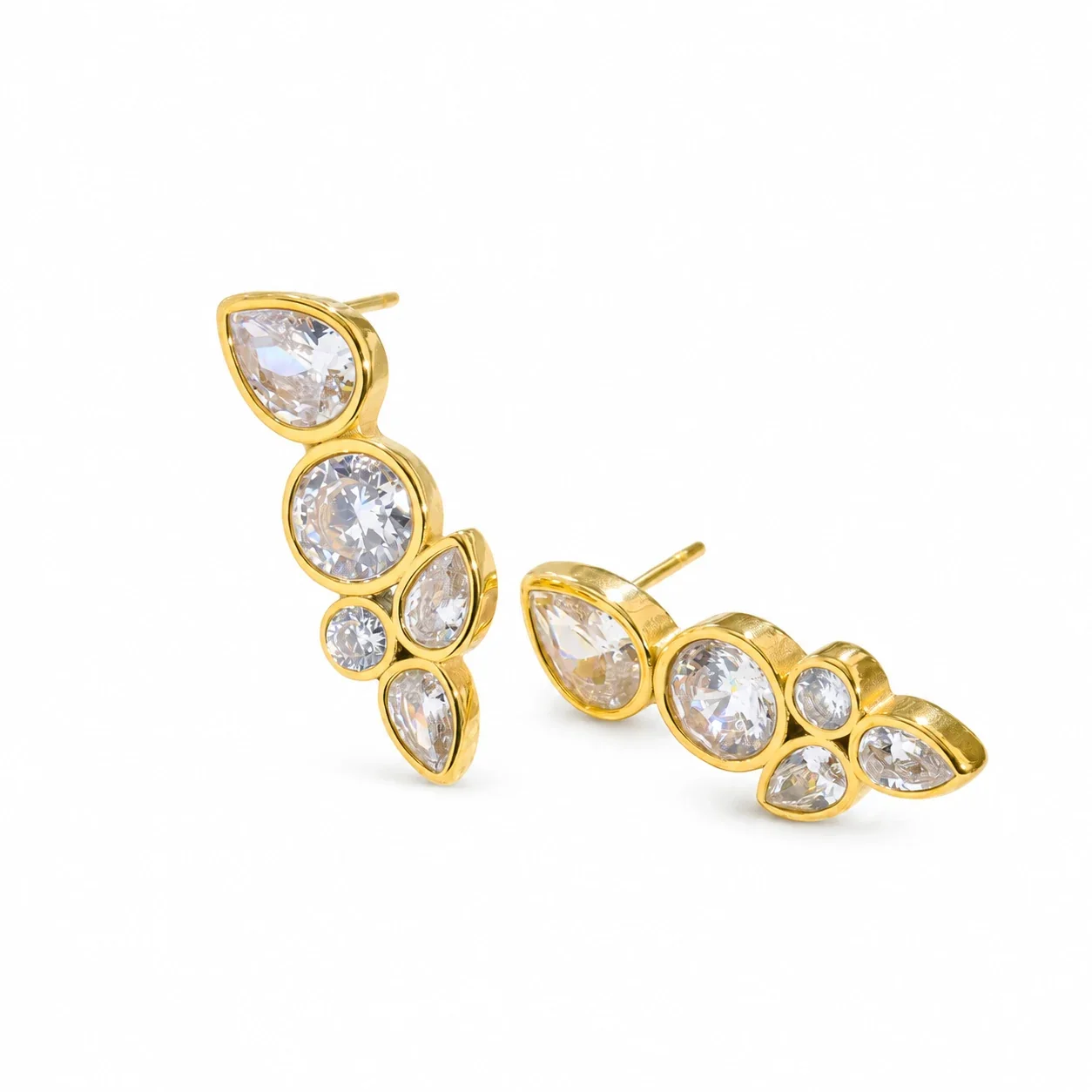 Stud Earrings with Five CZ Cluster and Pear Cuts, Stainless Steel