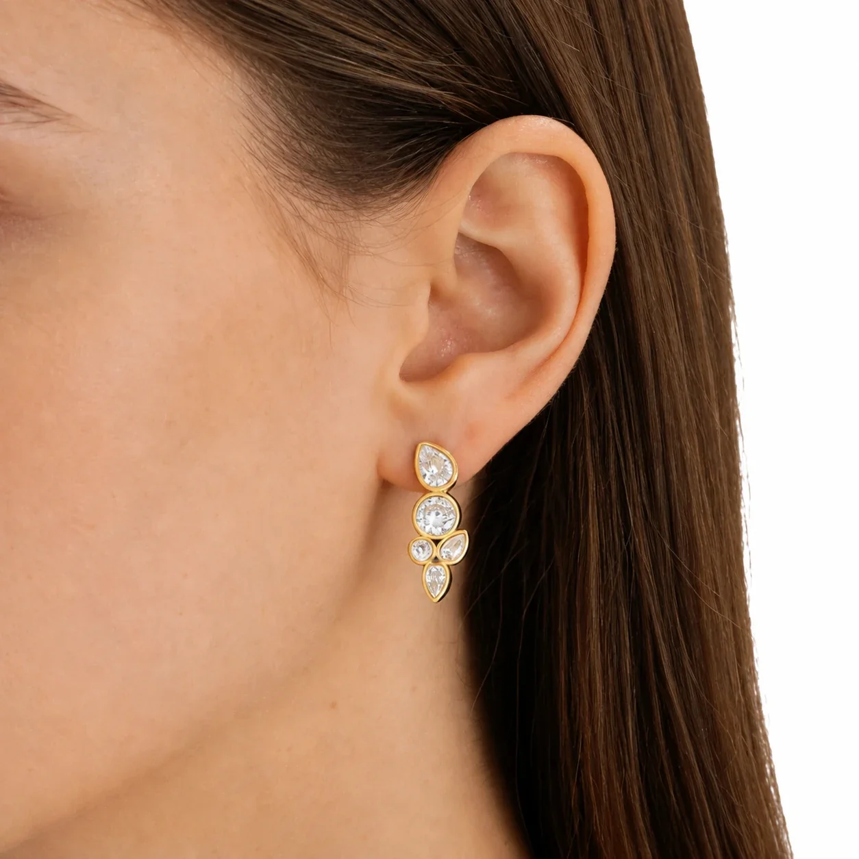Stud Earrings with Five CZ Cluster and Pear Cuts, Stainless Steel
