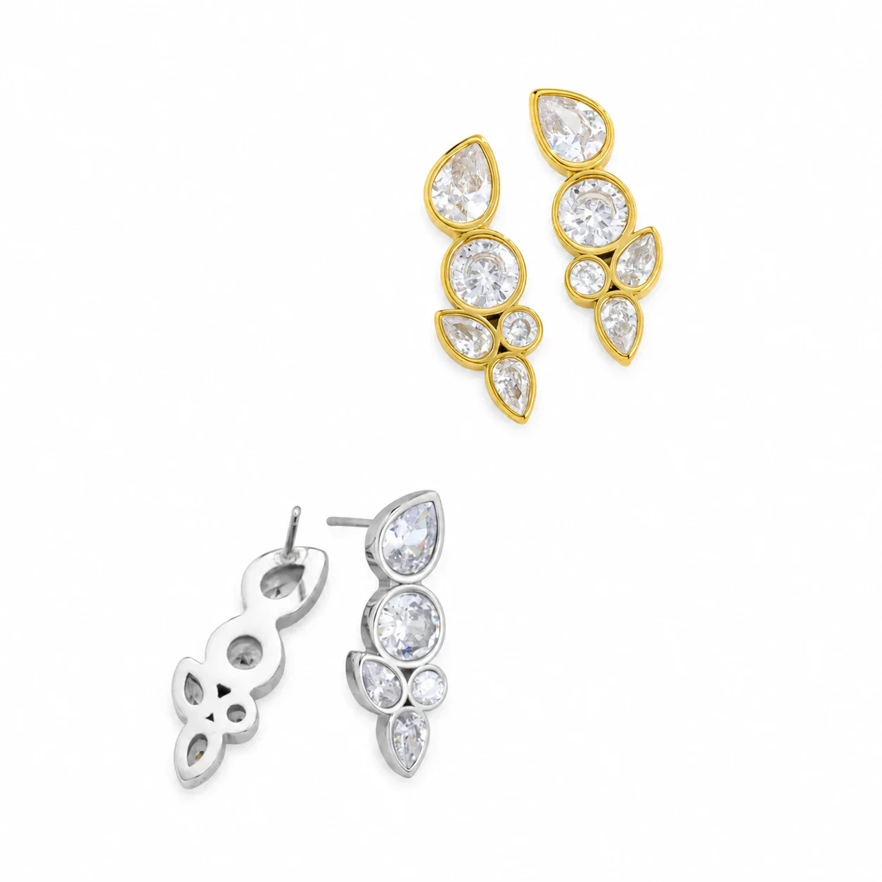 Stud Earrings with Five CZ Cluster and Pear Cuts, Stainless Steel