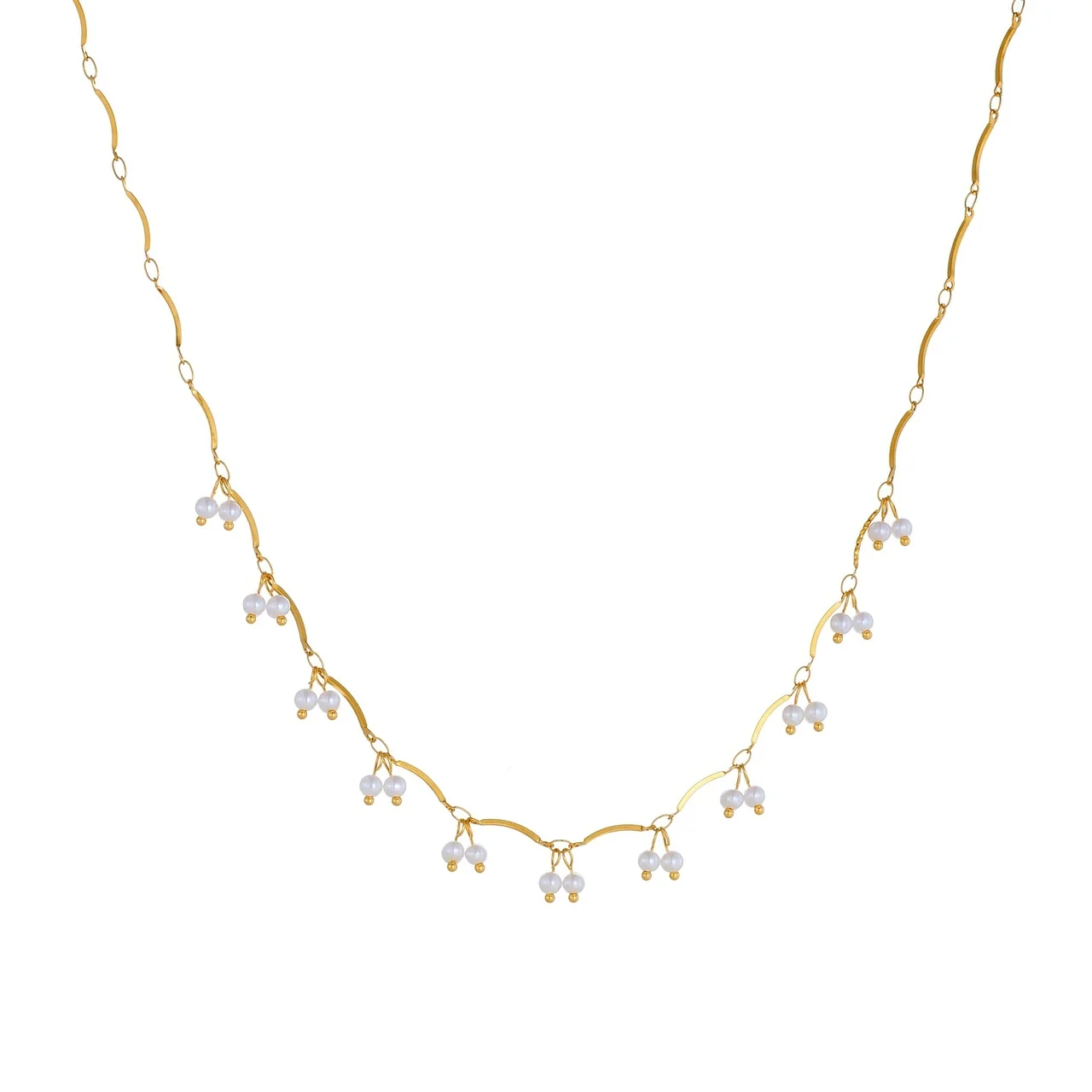 Jewelry Set: Pearl Clusters & Wavy Links, Gold-Plated Stainless Steel