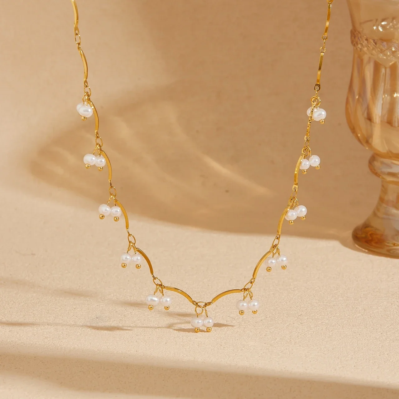 Jewelry Set: Pearl Clusters & Wavy Links, Gold-Plated Stainless Steel
