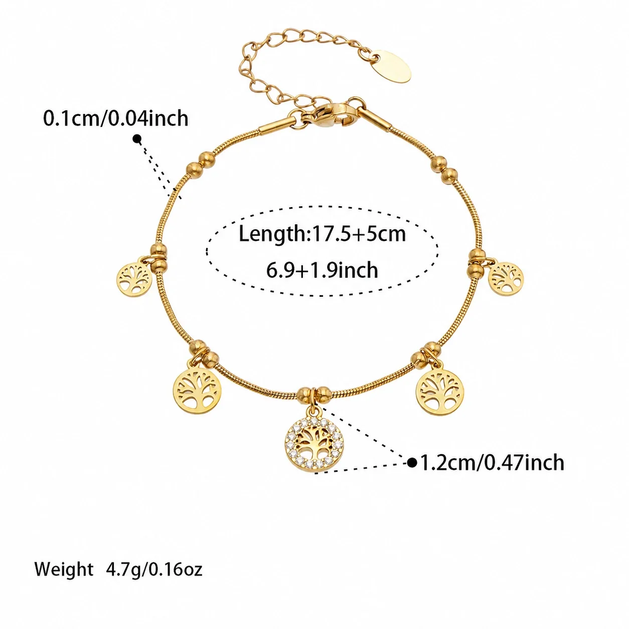 Tree of Life Gold PVD 316 Stainless Bead Snake Bracelet - Gold Tree of Life CZ