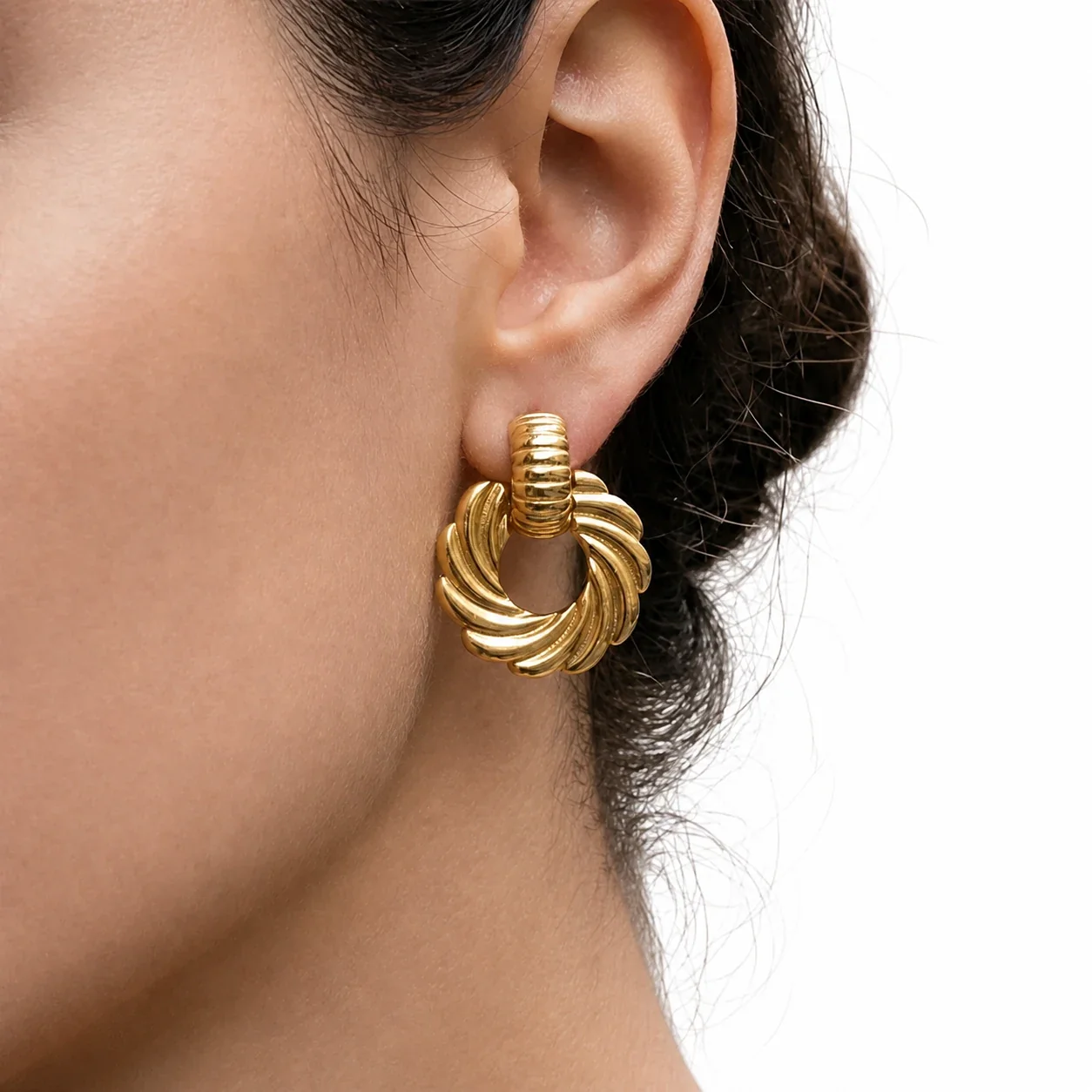 Sculptural 18K Gold-Plated 316L Ribbed Swirl Hoop Earrings