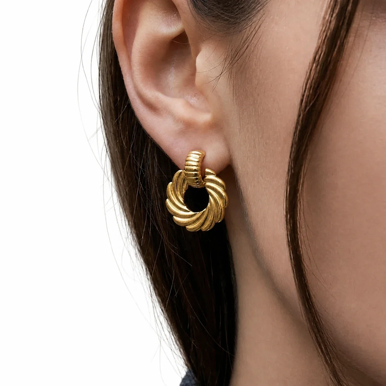 Sculptural 18K Gold-Plated 316L Ribbed Swirl Hoop Earrings