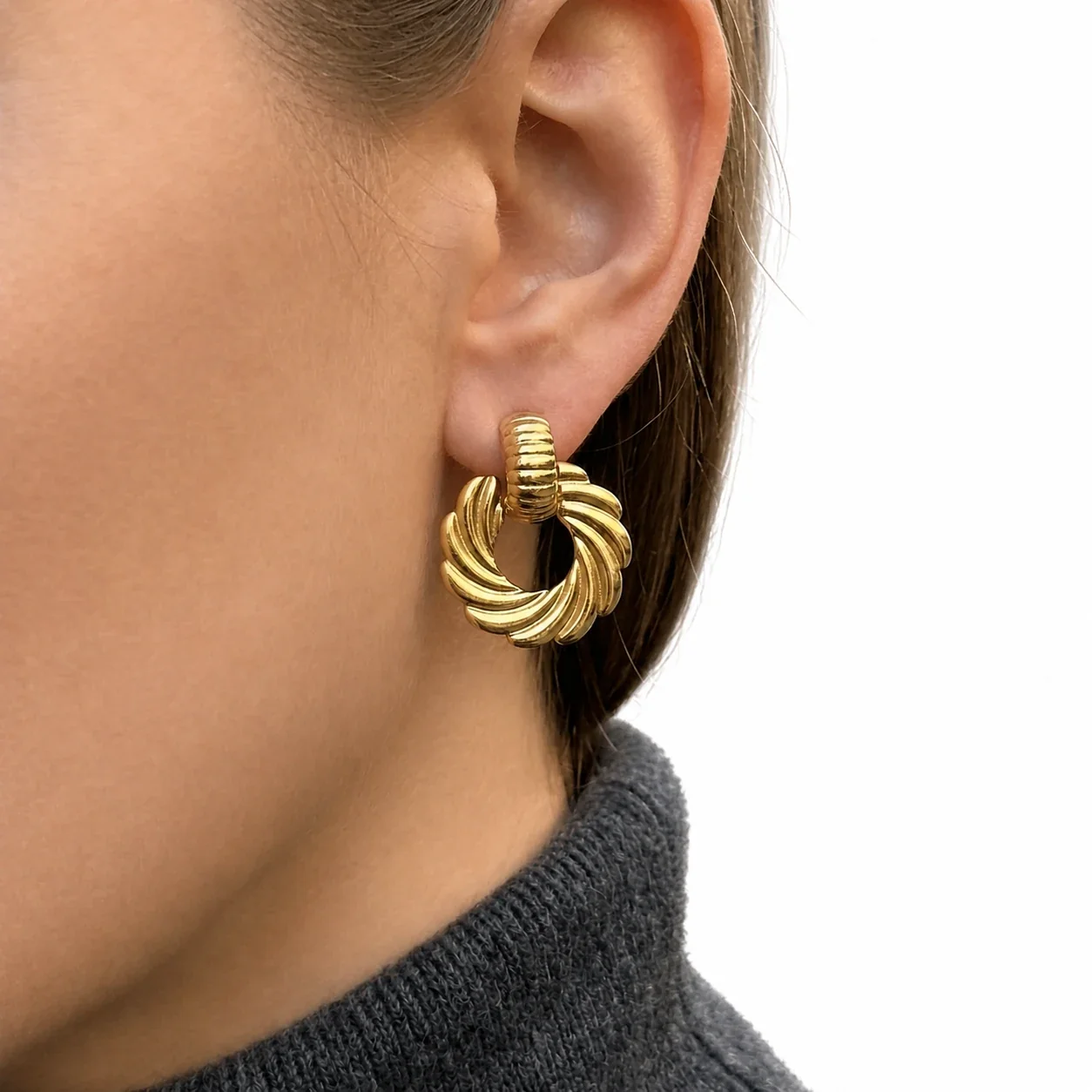 Sculptural 18K Gold-Plated 316L Ribbed Swirl Hoop Earrings