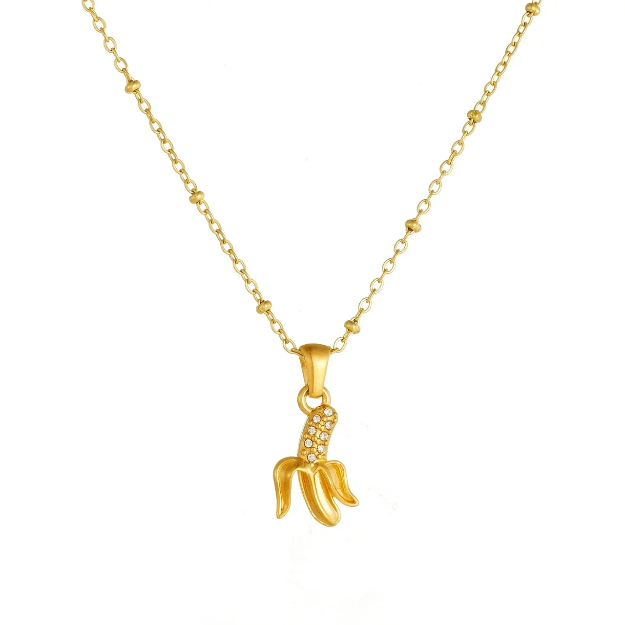Banana Pendant Necklace with Beaded Chain, Gold-Plated Steel