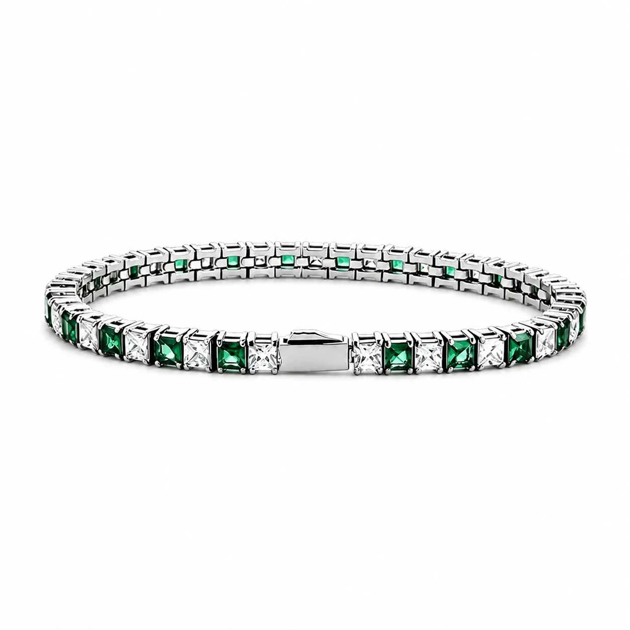 Green White Square CZ 316 Geometric Tennis Bracelet
