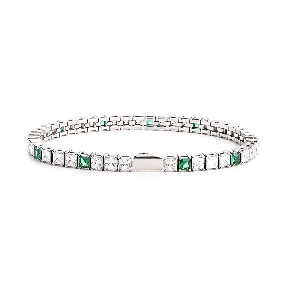 Refined 316 Stainless Steel Square CZ Tennis Bracelet - Steel mm Square White CZ + Green CZ