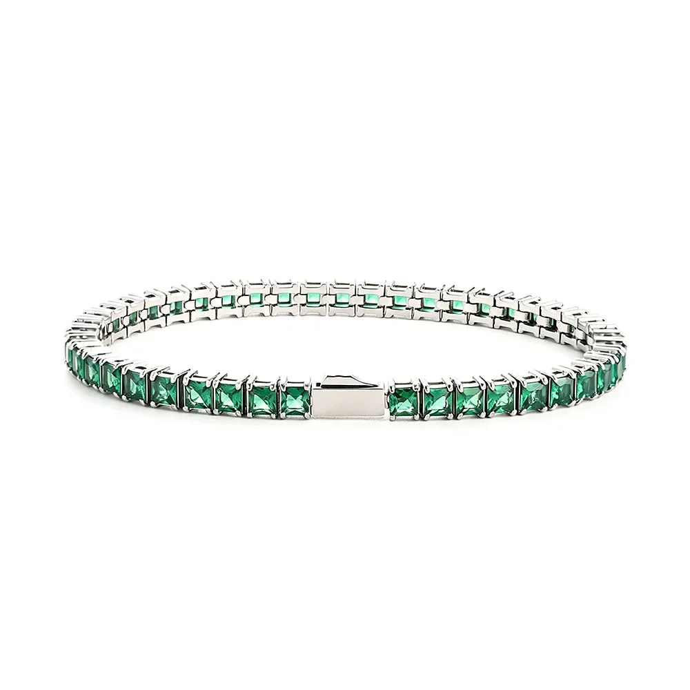 Refined 316 Stainless Steel Square CZ Tennis Bracelet - Steel mm Square Green CZ