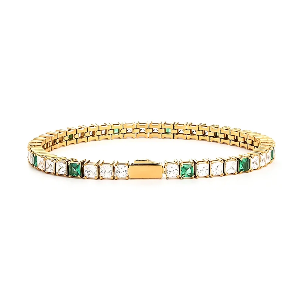 Refined 316 Stainless Steel Square CZ Tennis Bracelet - Gold mm Square White CZ + Green CZ
