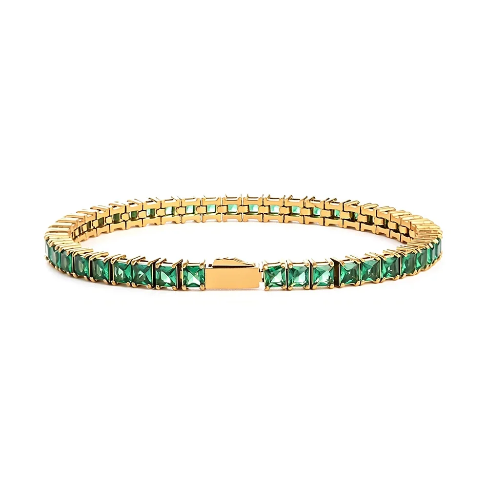 Refined 316 Stainless Steel Square CZ Tennis Bracelet - Gold mm Square Green CZ