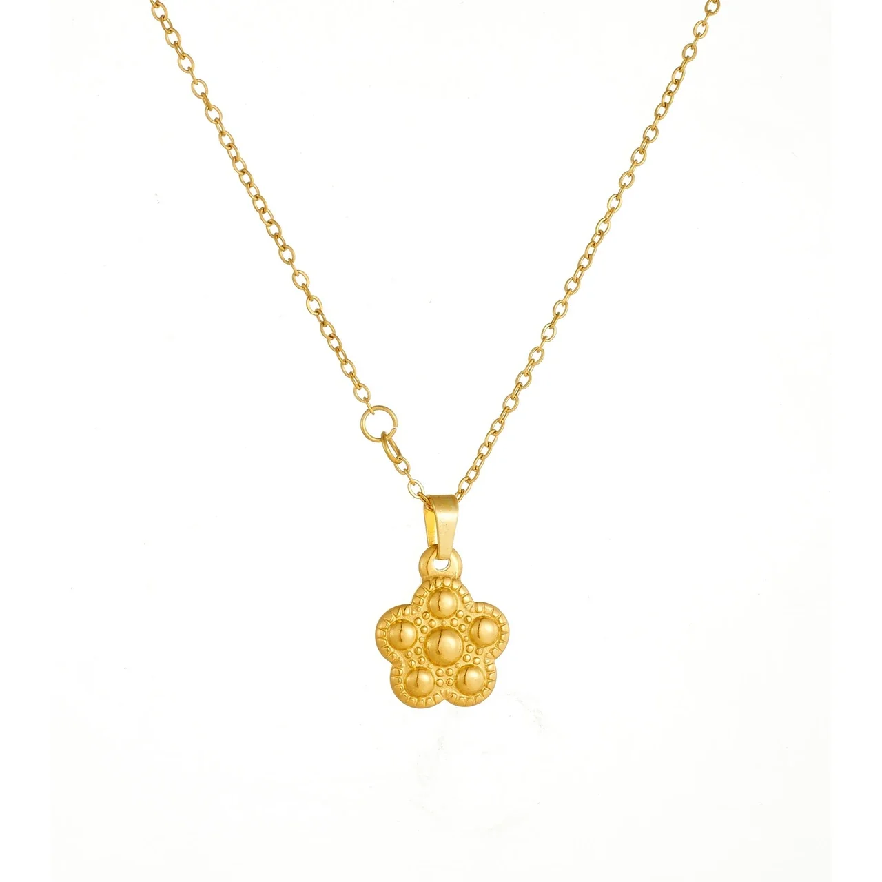 Flower Pendant Necklace with Beaded Dome Relief Gold-Plated