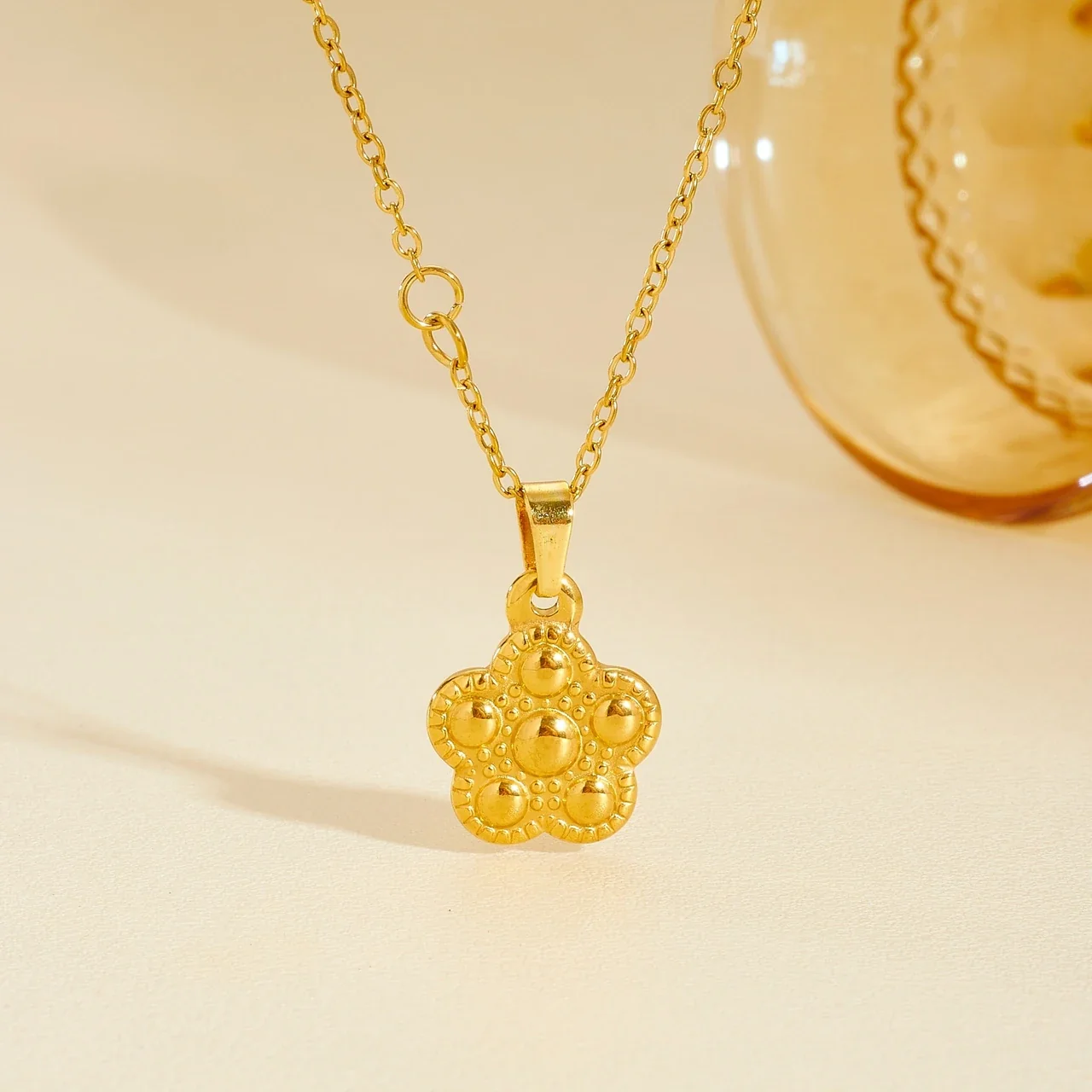 Flower Pendant Necklace with Beaded Dome Relief Gold-Plated