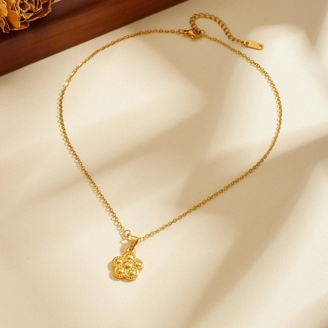 Flower Pendant Necklace with Beaded Dome Relief Gold-Plated