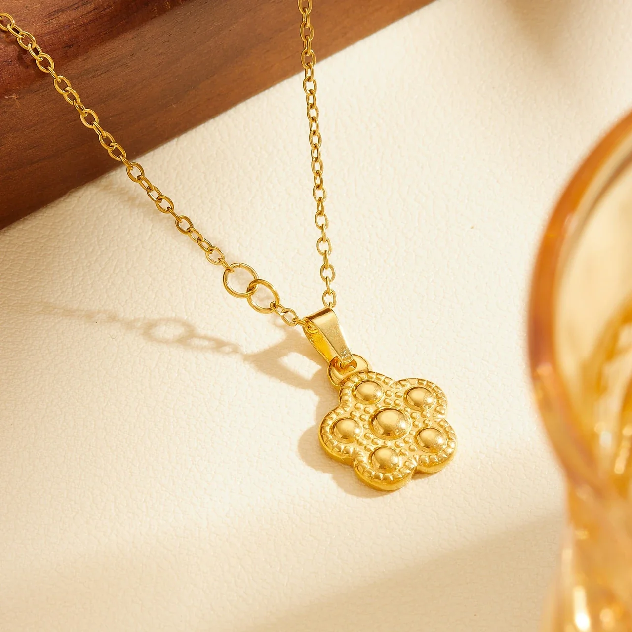 Flower Pendant Necklace with Beaded Dome Relief Gold-Plated