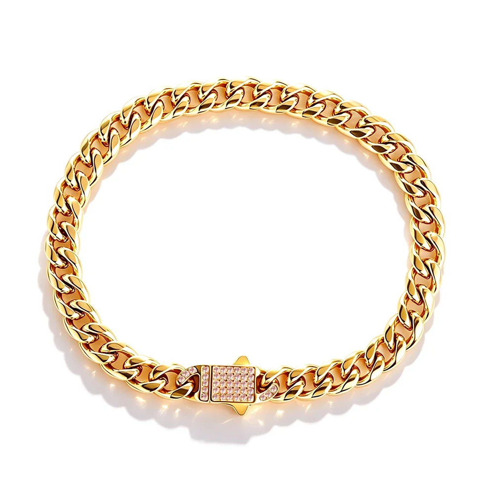 Bold 316 Stainless Steel Cuban Chain Bracelet with CZ Clasp - Gold Light Pink CZ mm