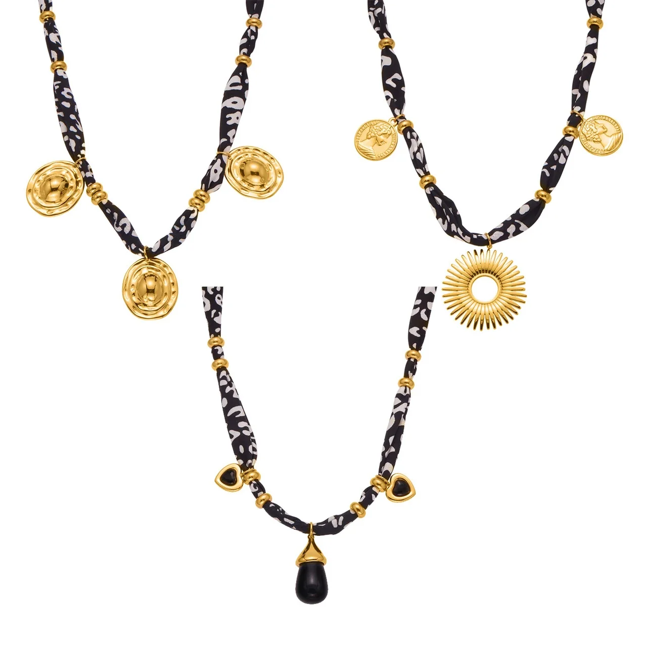 Necklace with Printed Fabric and 18K Gold-Plated Charms