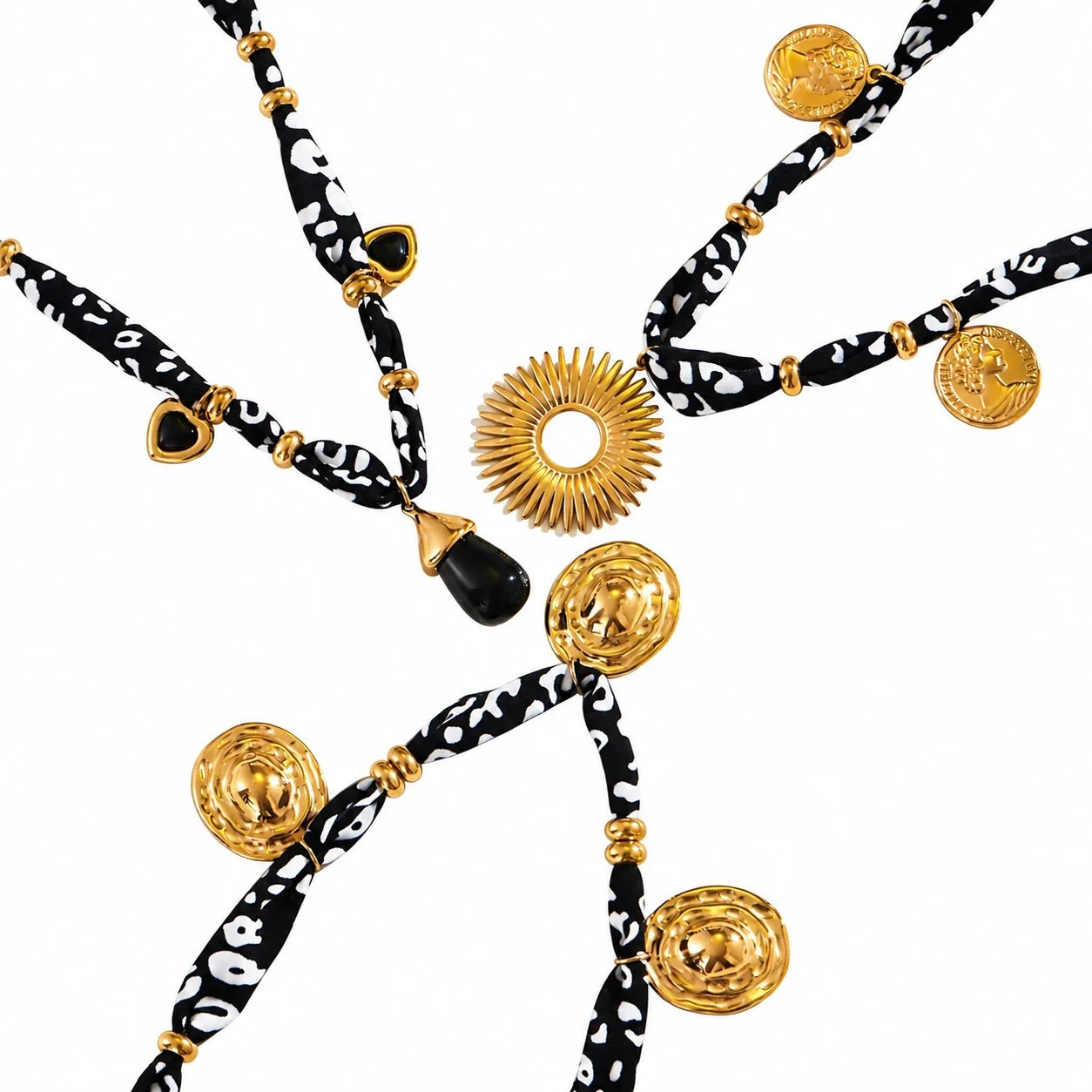 Necklace with Printed Fabric and 18K Gold-Plated Charms