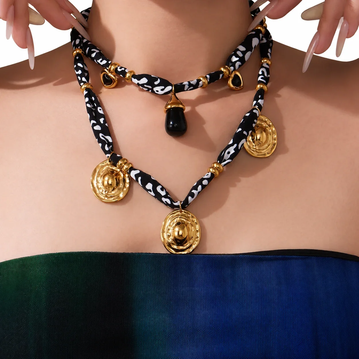 Necklace with Printed Fabric and 18K Gold-Plated Charms