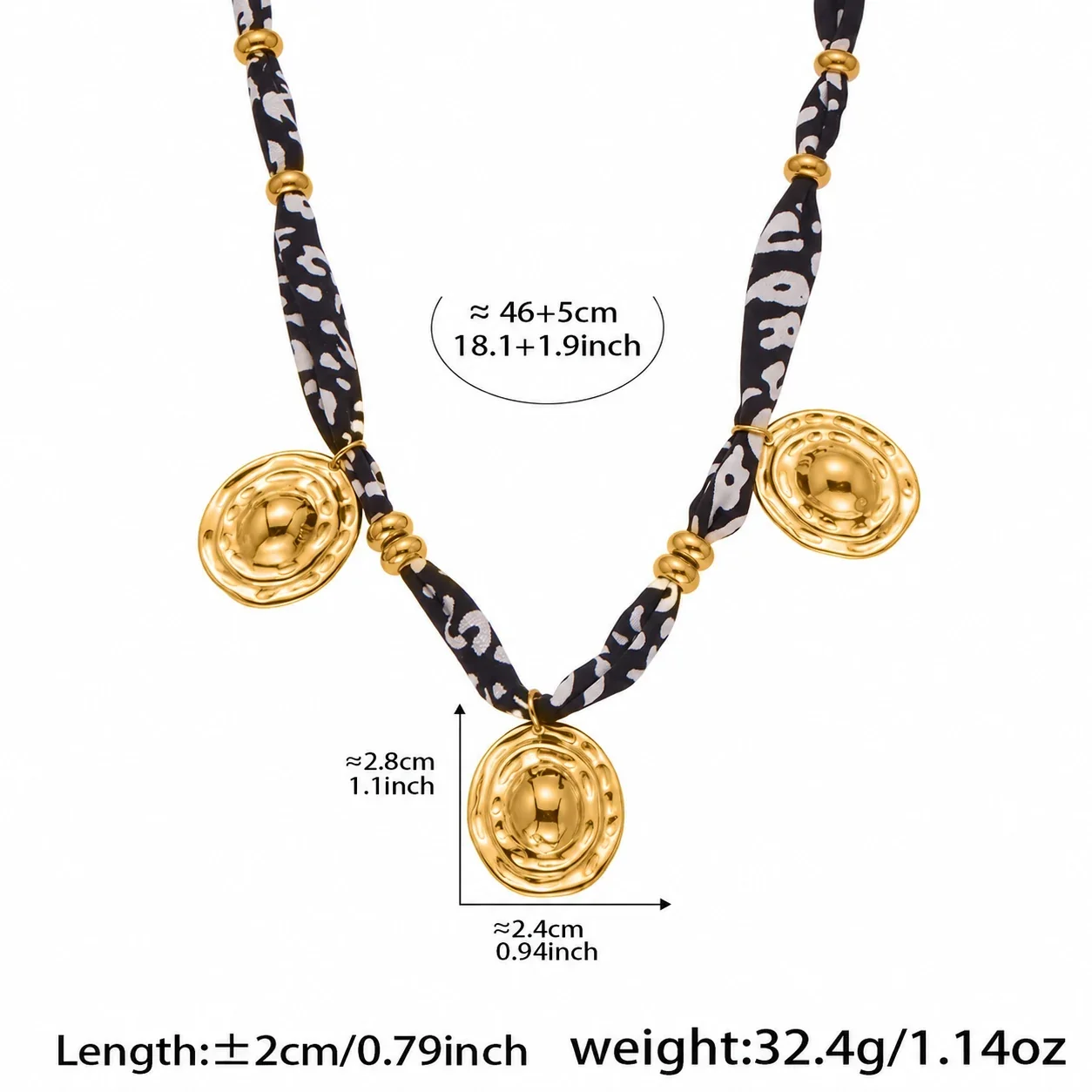 Necklace with Printed Fabric and 18K Gold-Plated Charms - Gold Triple Medallion