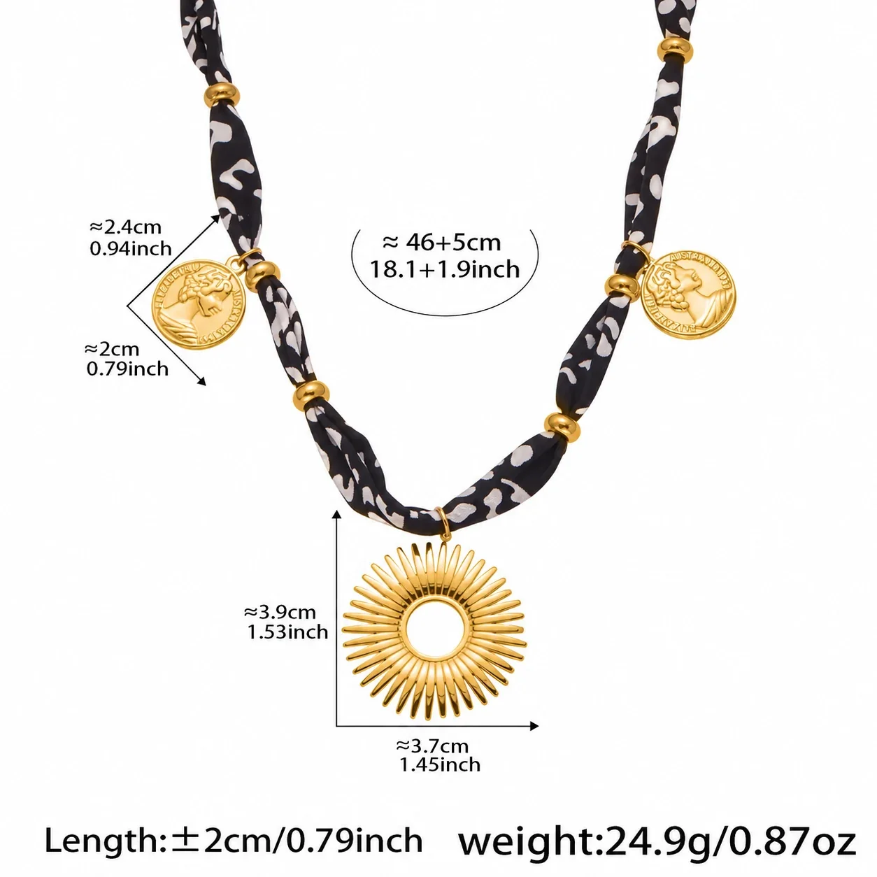 Necklace with Printed Fabric and 18K Gold-Plated Charms - Gold Sunburst Coin