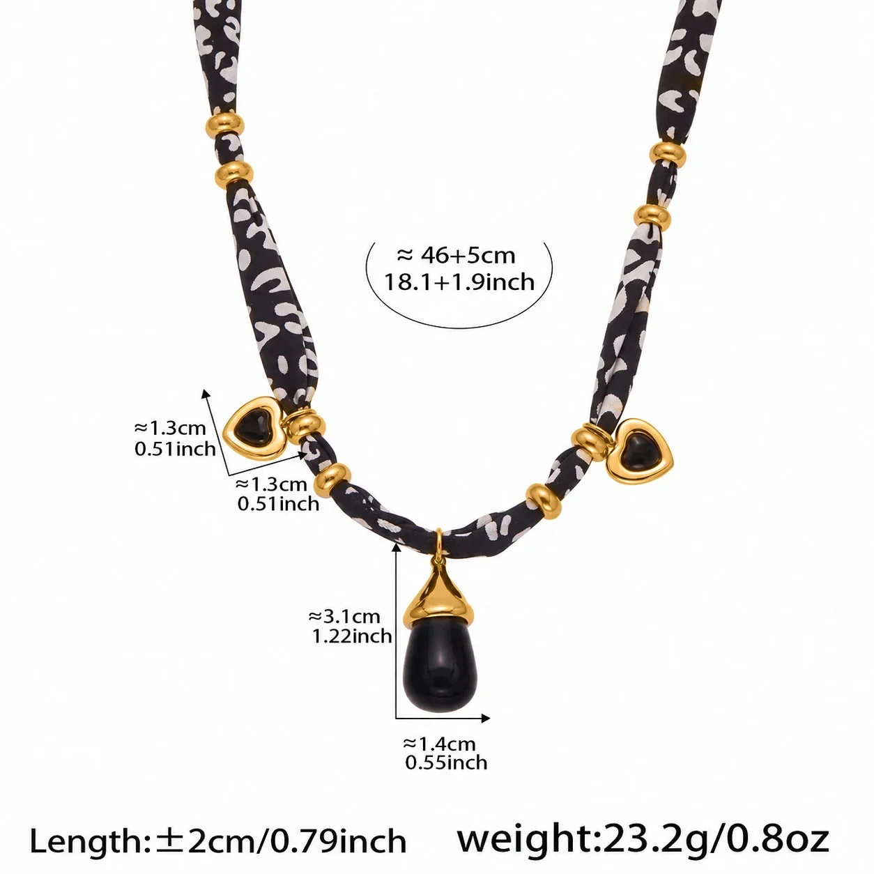 Necklace with Printed Fabric and 18K Gold-Plated Charms - Gold Black Teardrop