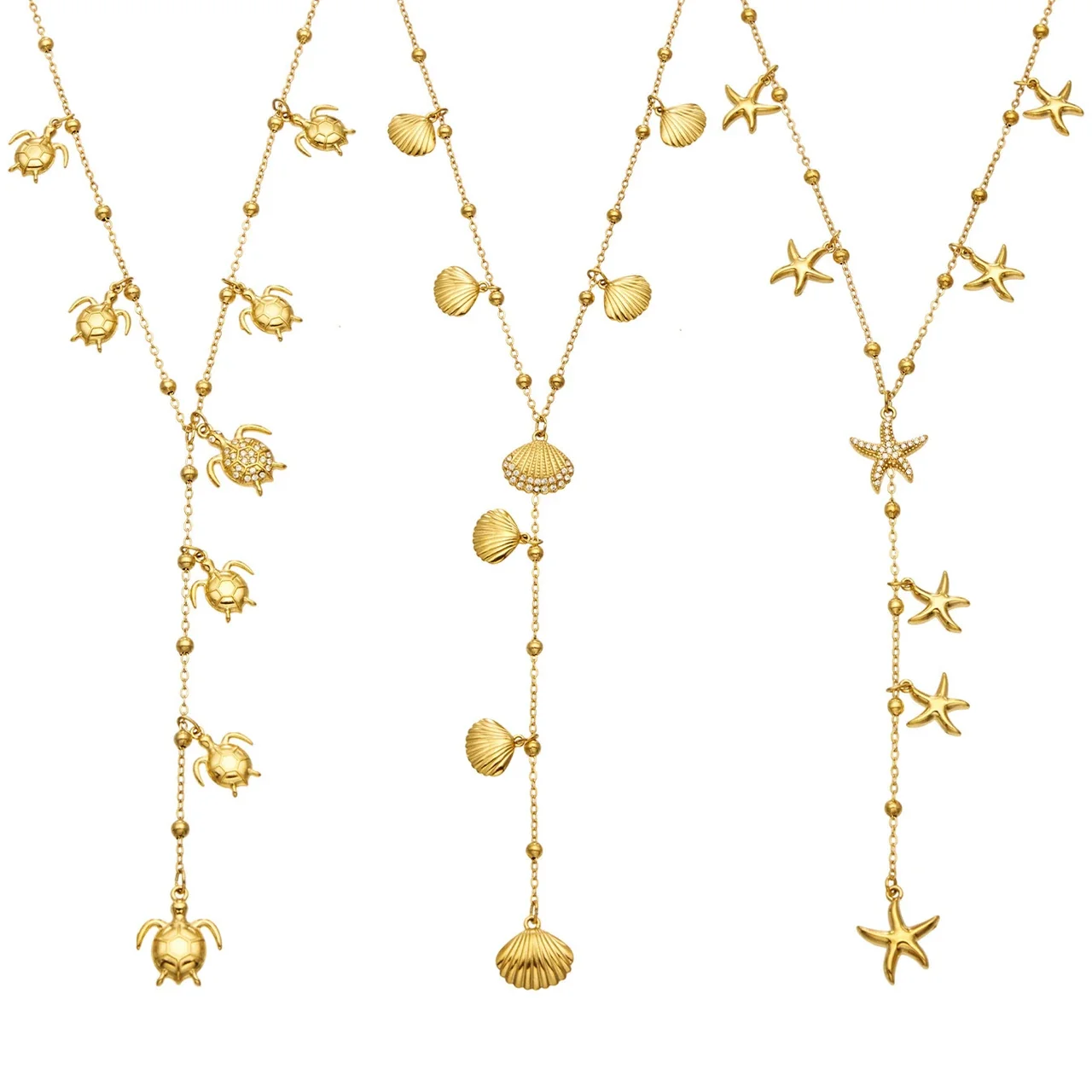 Ocean Charm Y Necklace, 18K Gold-Plated Stainless Steel