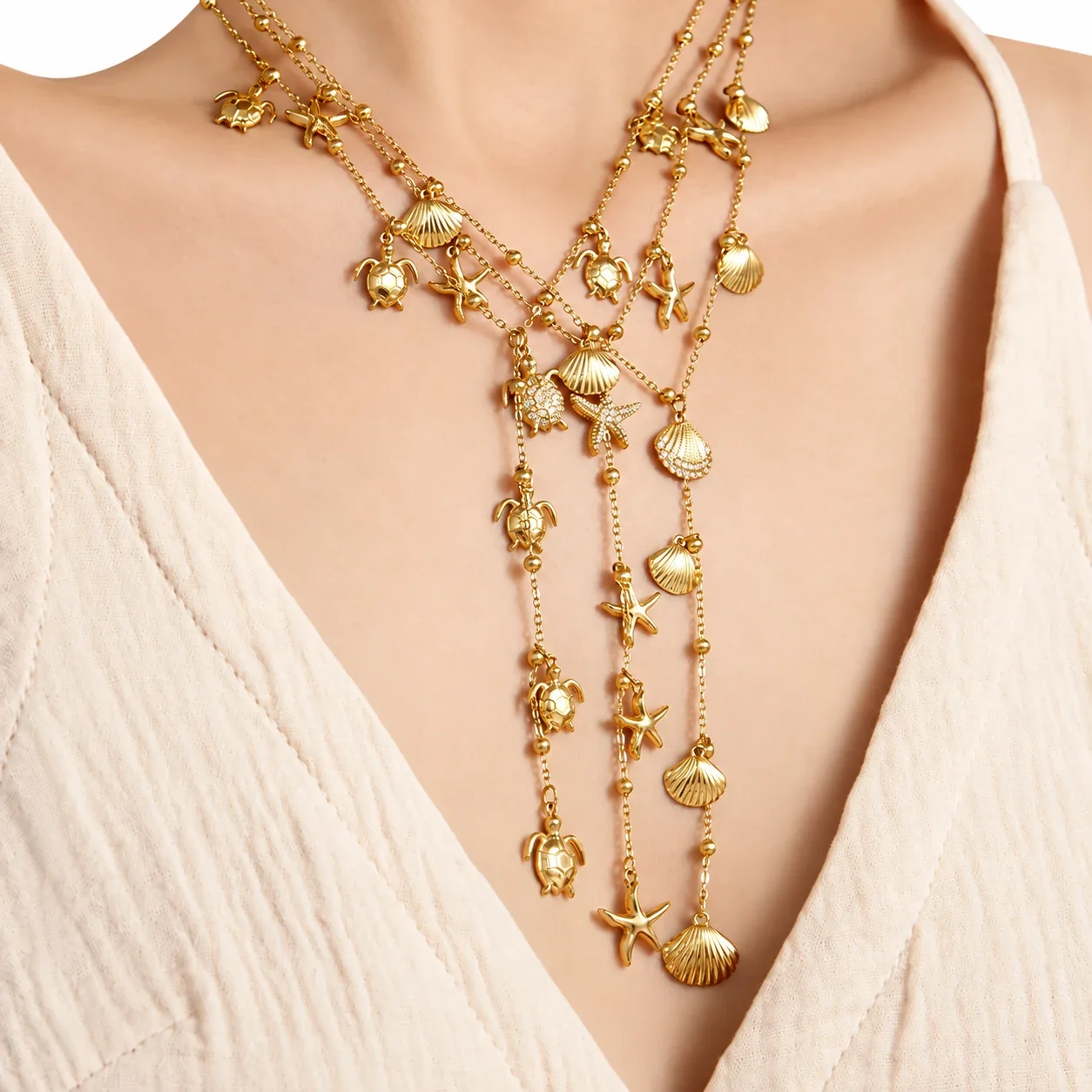 Ocean Charm Y Necklace, 18K Gold-Plated Stainless Steel