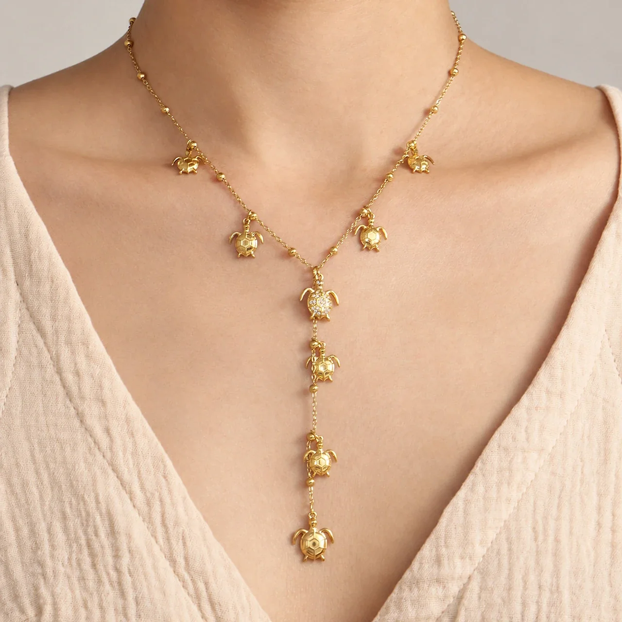 Ocean Charm Y Necklace, 18K Gold-Plated Stainless Steel
