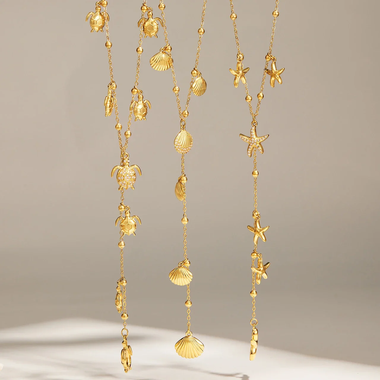 Ocean Charm Y Necklace, 18K Gold-Plated Stainless Steel