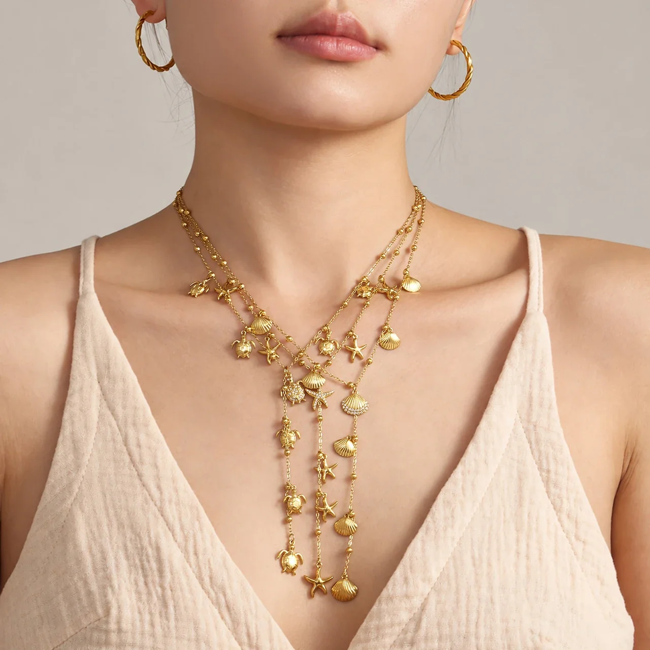 Ocean Charm Y Necklace, 18K Gold-Plated Stainless Steel