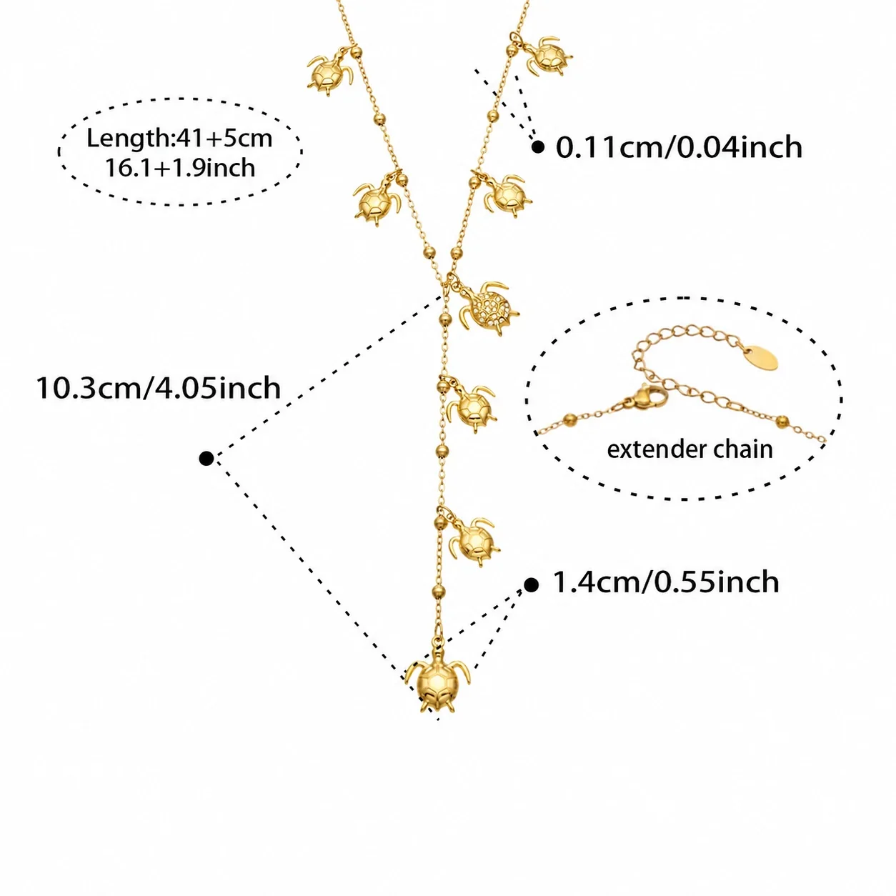 Ocean Charm Y Necklace, 18K Gold-Plated Stainless Steel - Gold Small Turtle Cubic Zirconia Y