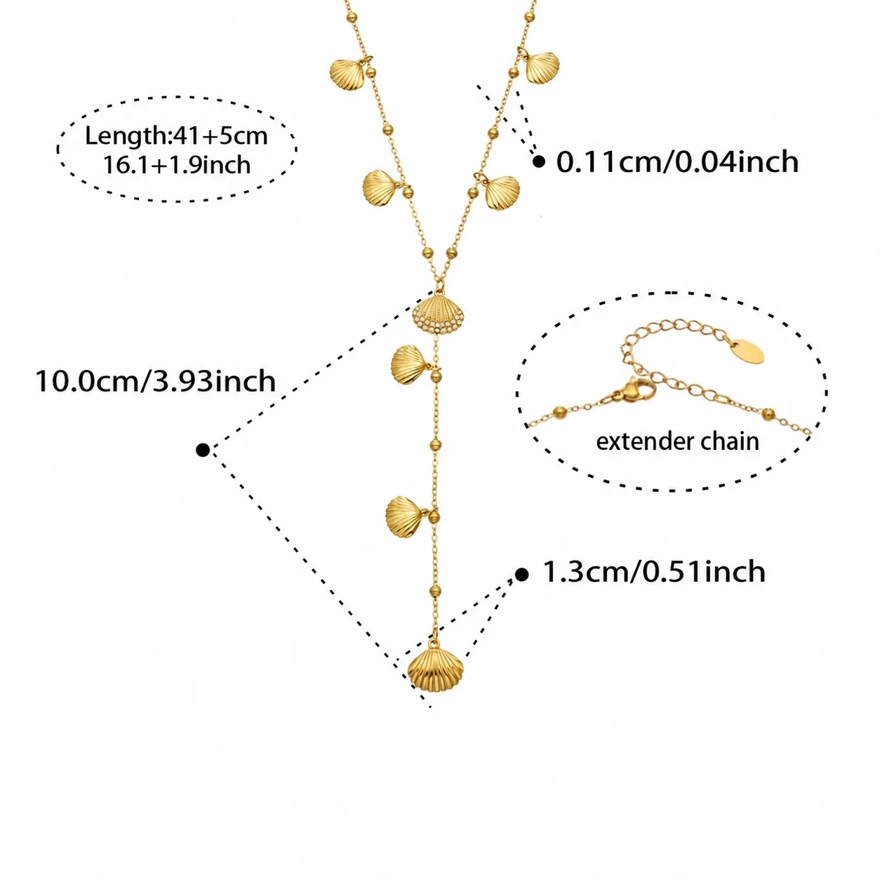 Ocean Charm Y Necklace, 18K Gold-Plated Stainless Steel - Gold Scallop Shell Cubic Zirconia Y
