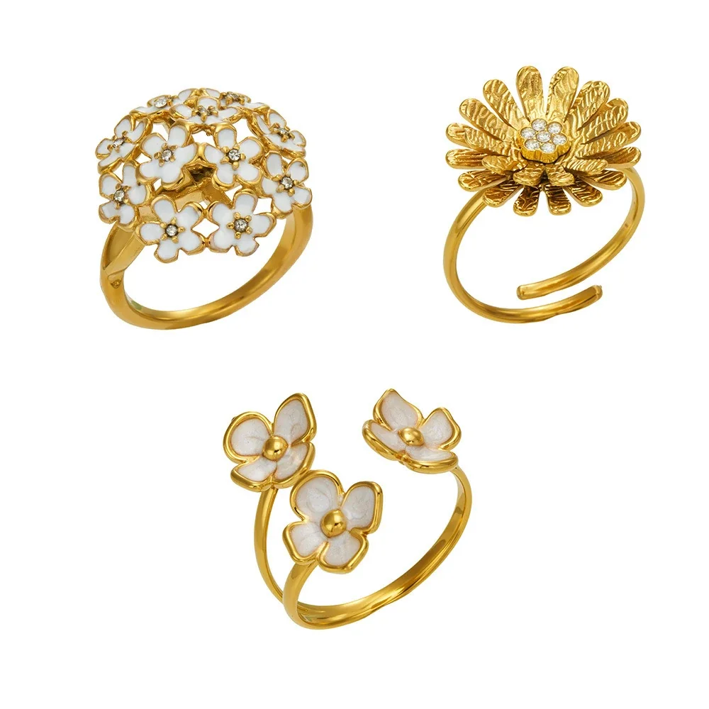 Anéis Florais de Margarida com Esmalte e Textura, Aço Inoxidável 316 Banhado a Ouro