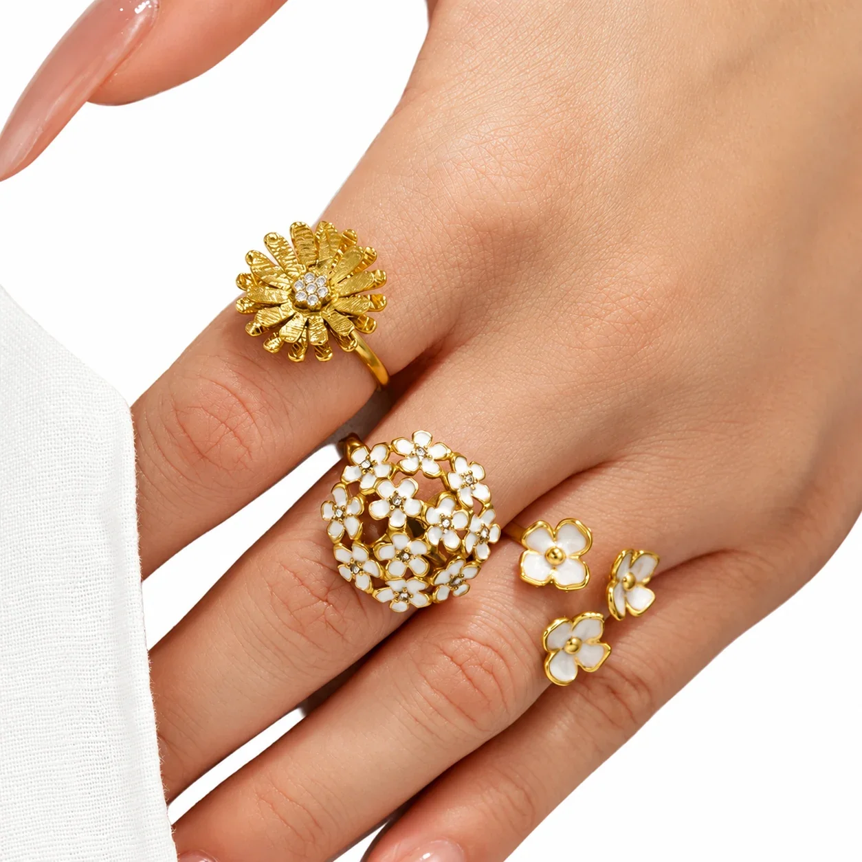 Floral Enamel & Textured Daisy Rings, Gold-Plated 316 Stainless Steel