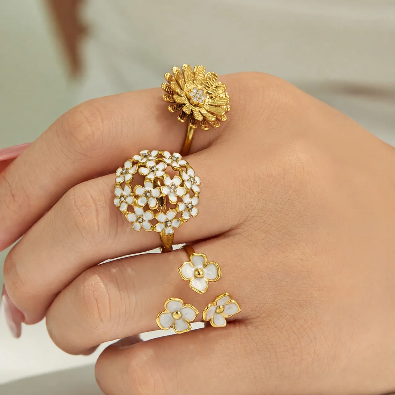 Floral Enamel & Textured Daisy Rings, Gold-Plated 316 Stainless Steel