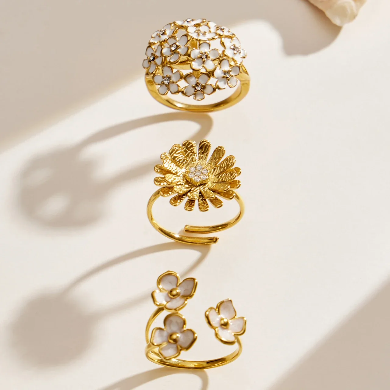 Floral Enamel & Textured Daisy Rings, Gold-Plated 316 Stainless Steel