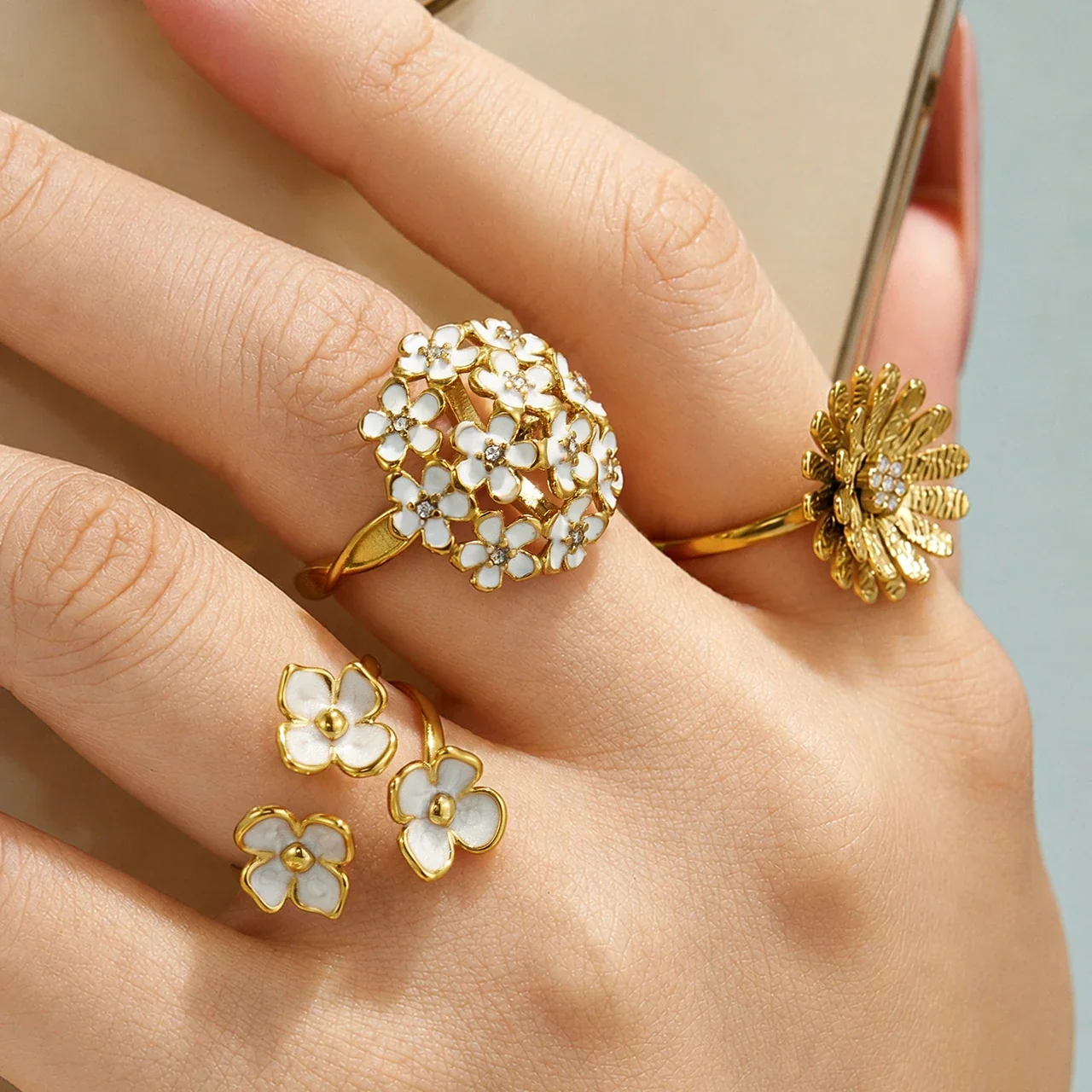 Floral Enamel & Textured Daisy Rings, Gold-Plated 316 Stainless Steel