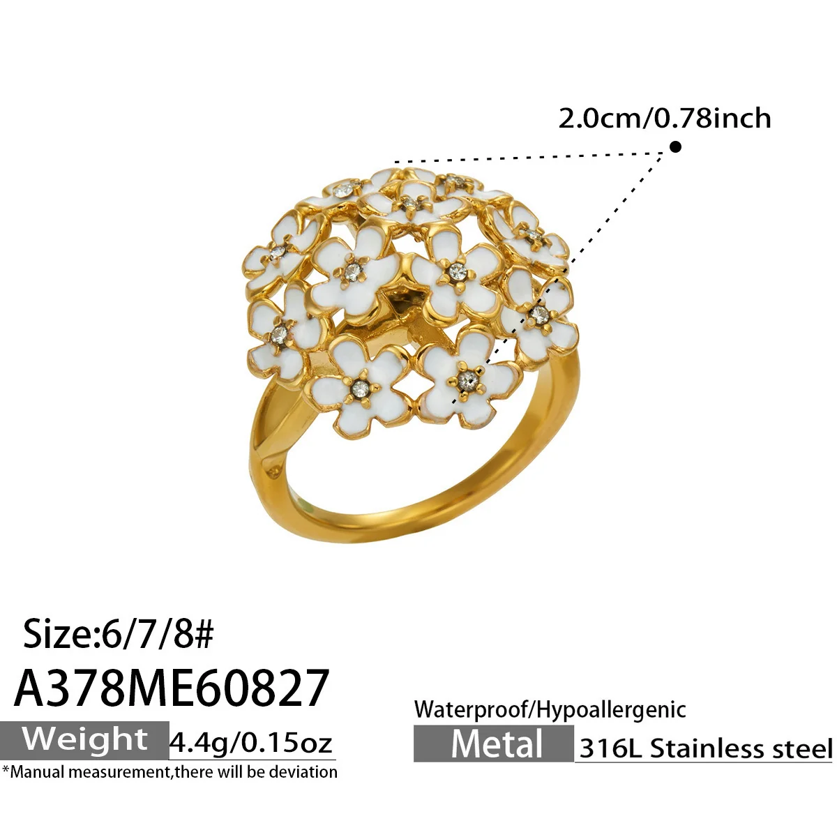 Floral Enamel & Textured Daisy Rings, Gold-Plated 316 Stainless Steel - Dimensions