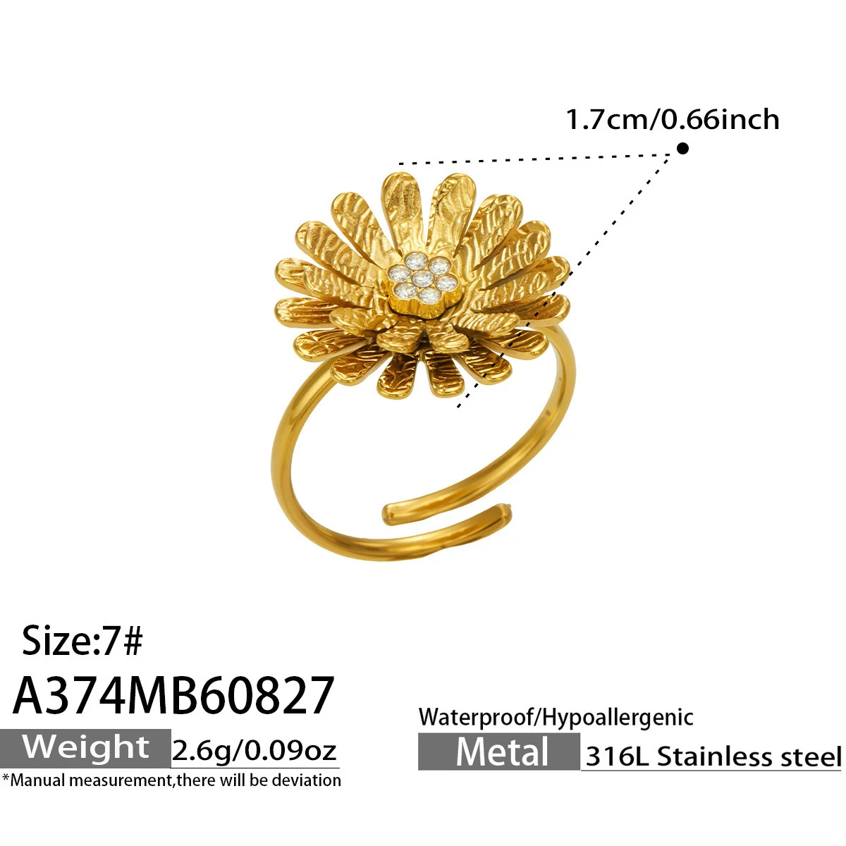 Floral Enamel & Textured Daisy Rings, Gold-Plated 316 Stainless Steel - Dimensions
