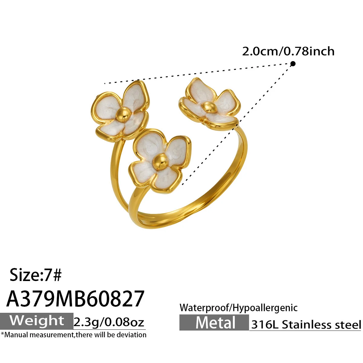 Floral Enamel & Textured Daisy Rings, Gold-Plated 316 Stainless Steel - Dimensions