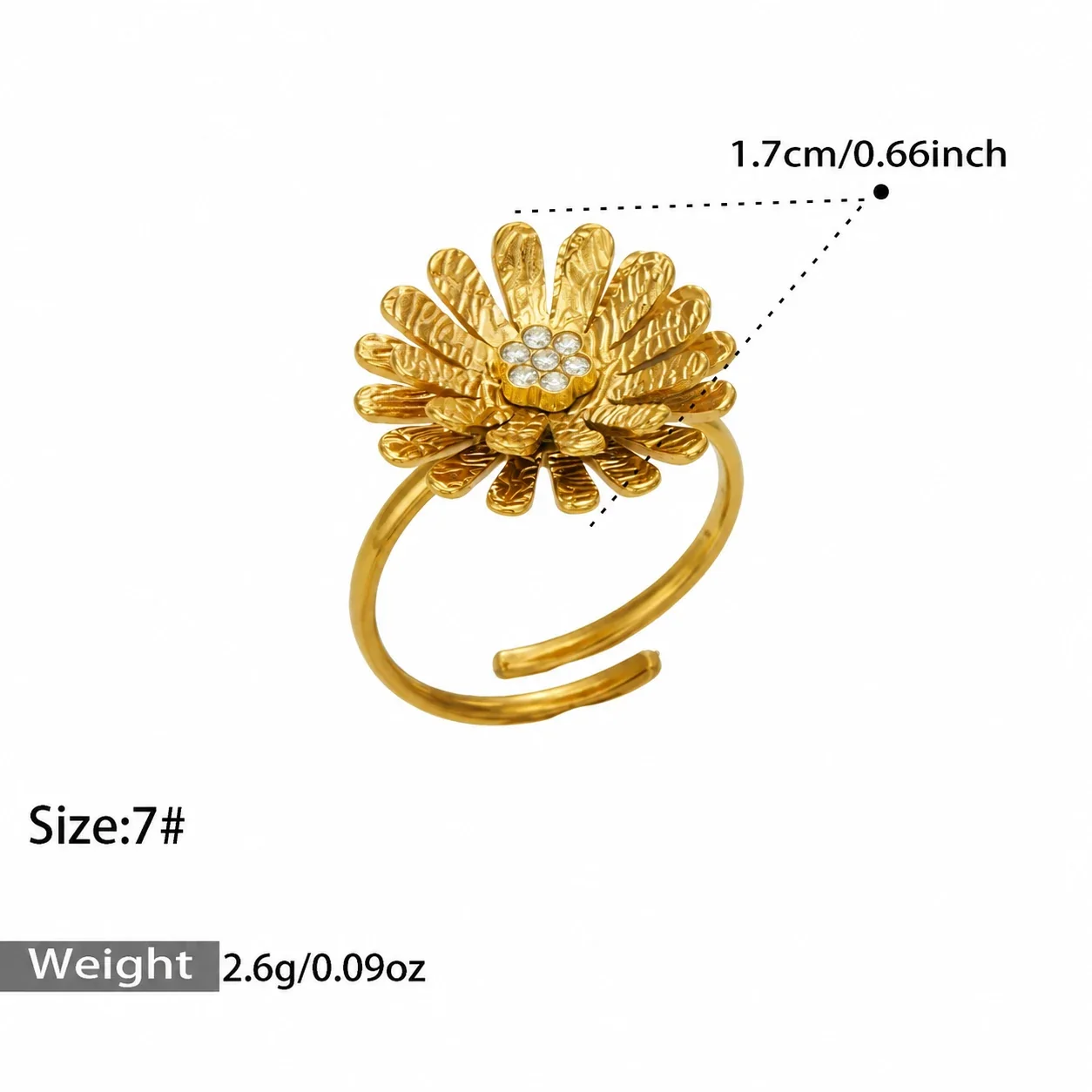 Floral Enamel & Textured Daisy Rings, Gold-Plated 316 Stainless Steel - Gold Daisy Cubic Zirconia Open