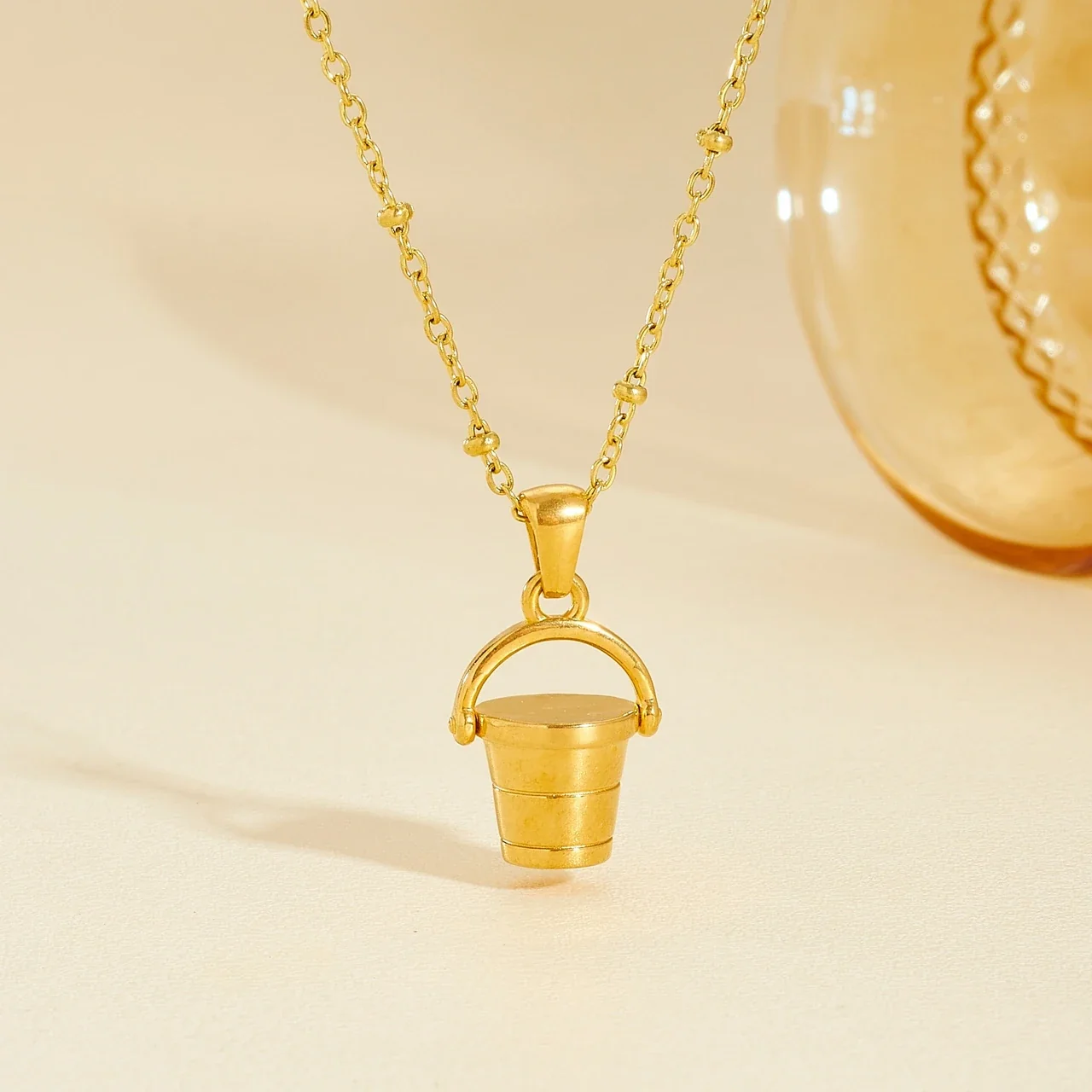 Bucket Pendant Necklace with Bead Chain, Gold-Plated Steel