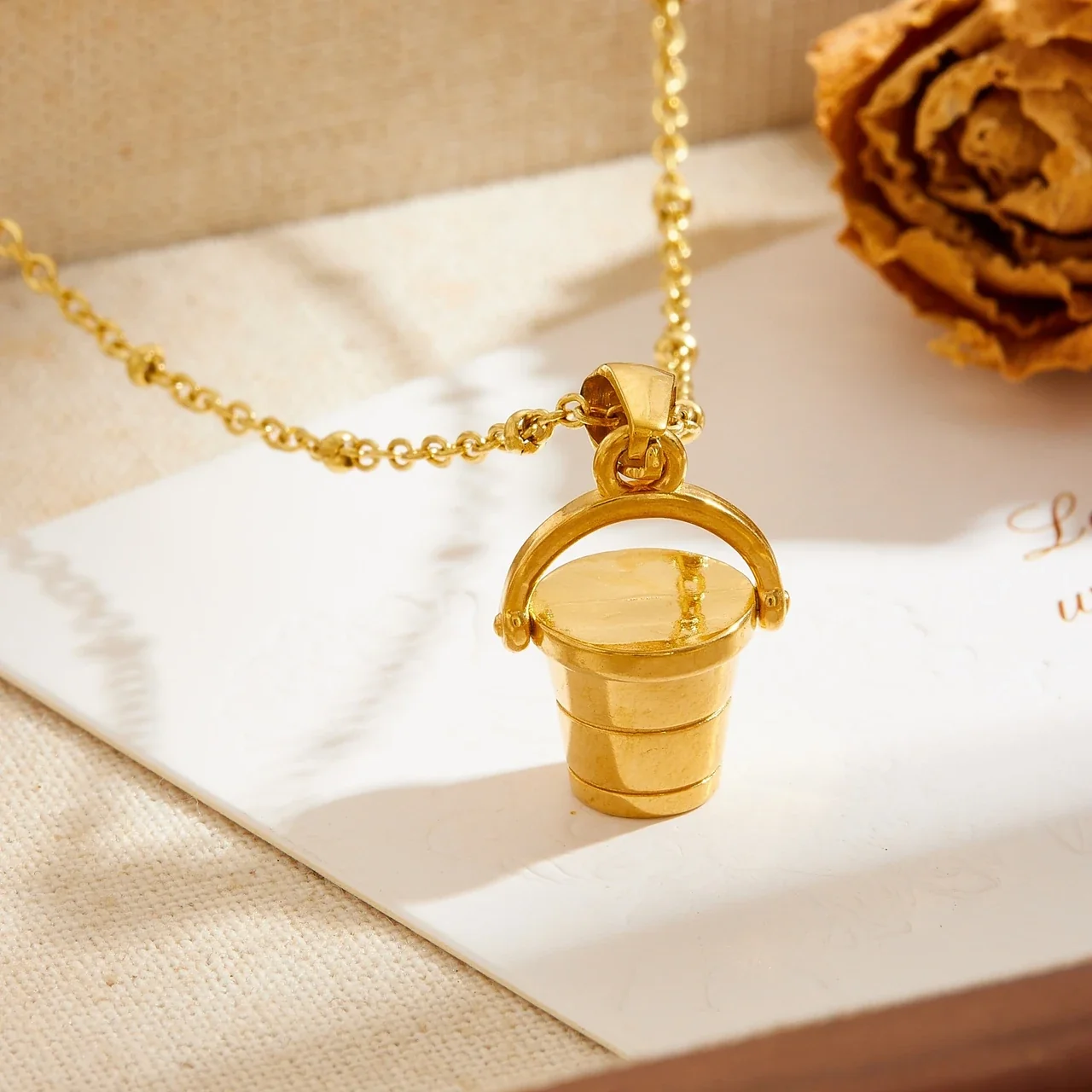 Bucket Pendant Necklace with Bead Chain, Gold-Plated Steel