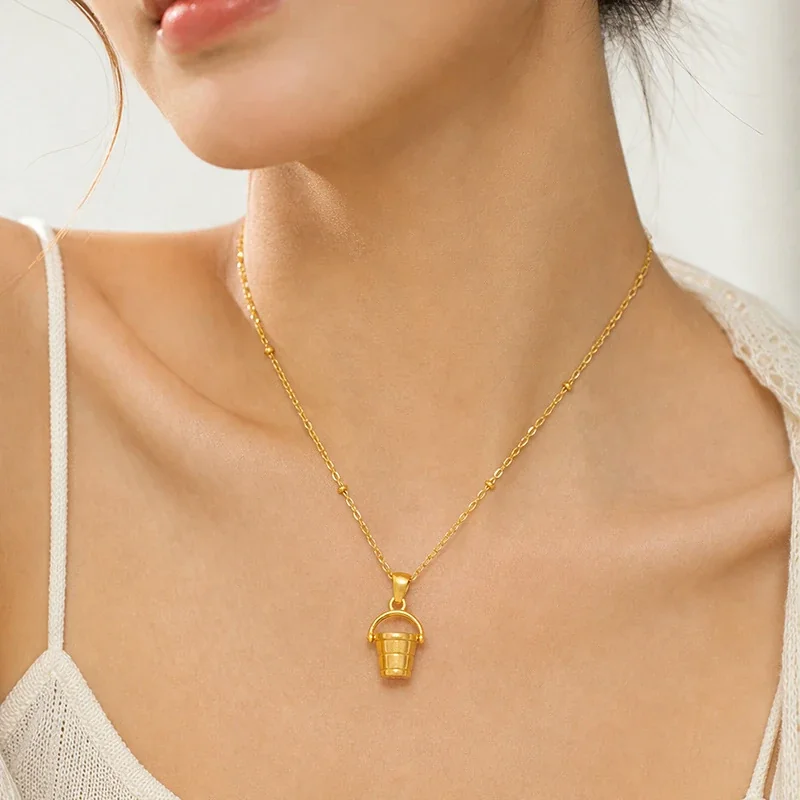 Bucket Pendant Necklace with Bead Chain, Gold-Plated Steel