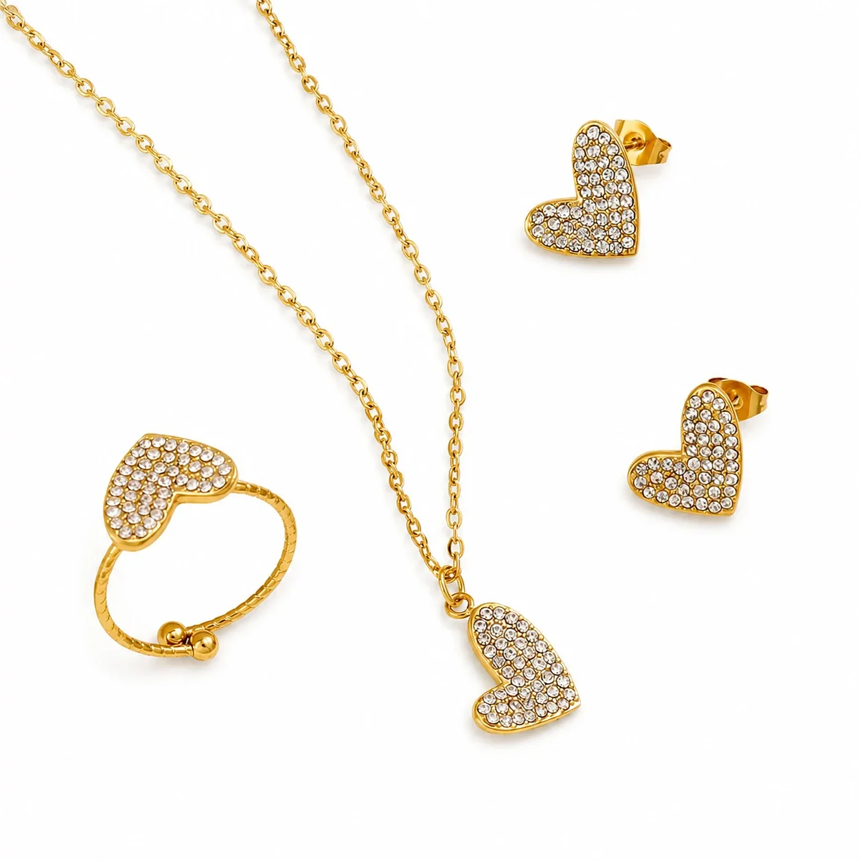 Radiant Gold-Plated Pavé Heart Chain Jewelry Set