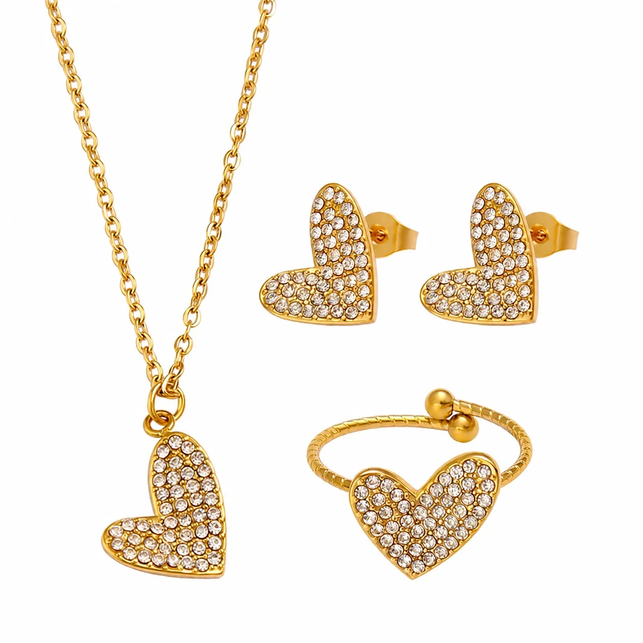 Radiant Gold-Plated Pavé Heart Chain Jewelry Set