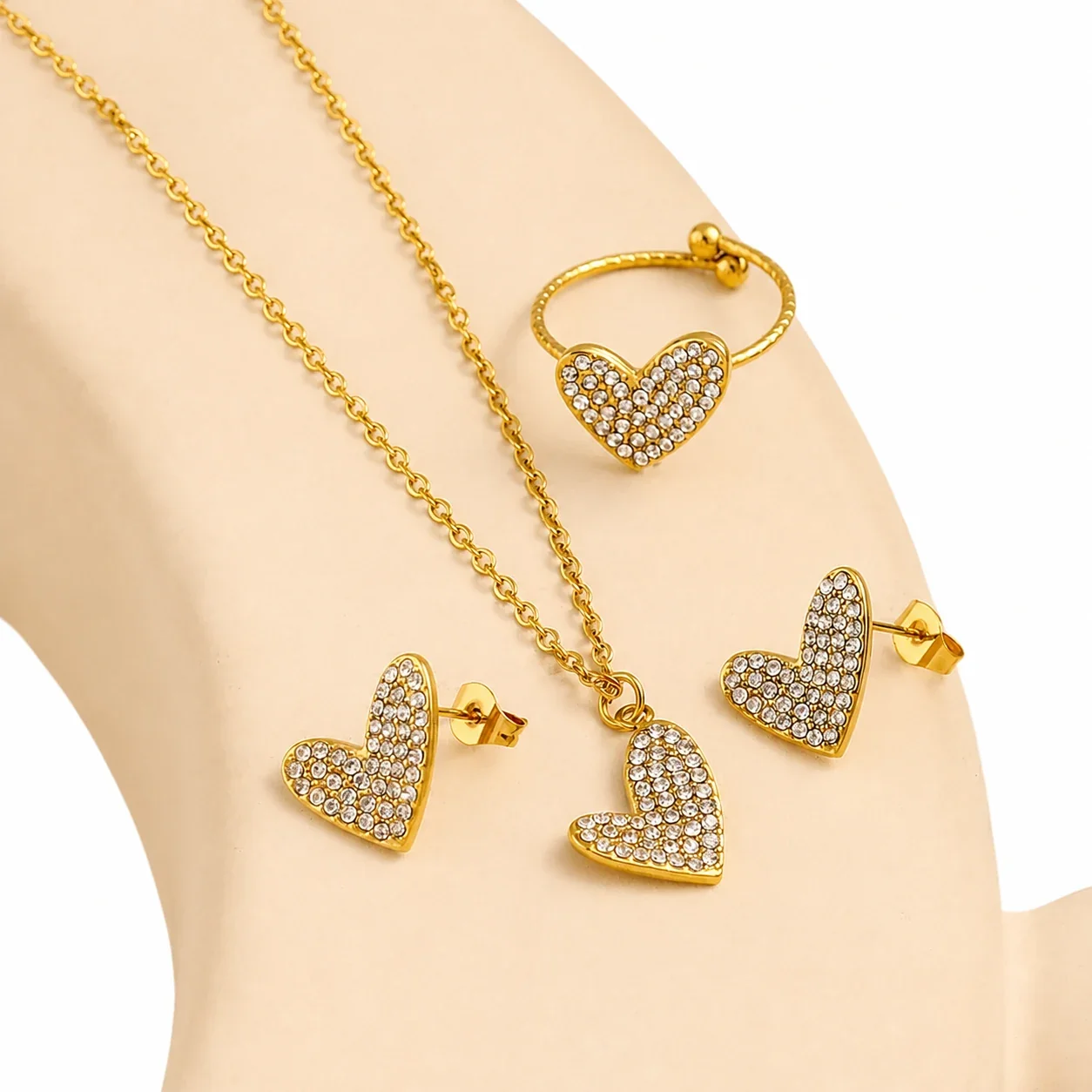 Radiant Gold-Plated Pavé Heart Chain Jewelry Set